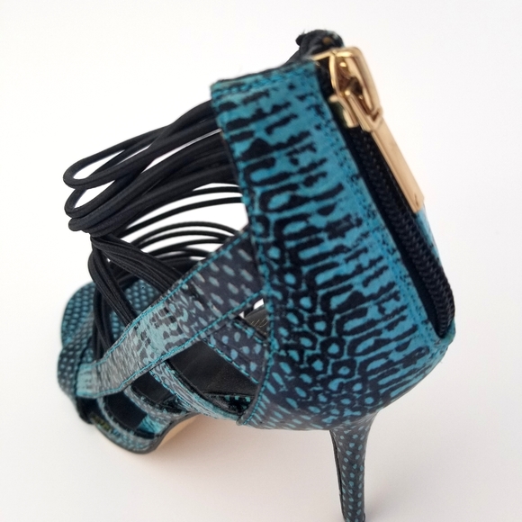 Teal Blue Snake Print Strappy Caged Heels 10 - Picture 3 of 4